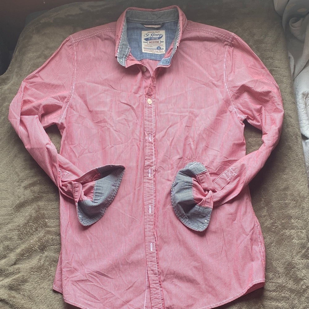 St George By Buffer Red and White Narrow Stripe Button-Down Shirt